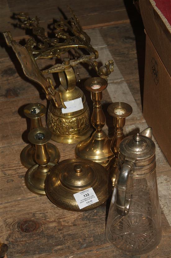 Victorian style cast brass Angelus bell & brass candlesticks & pot